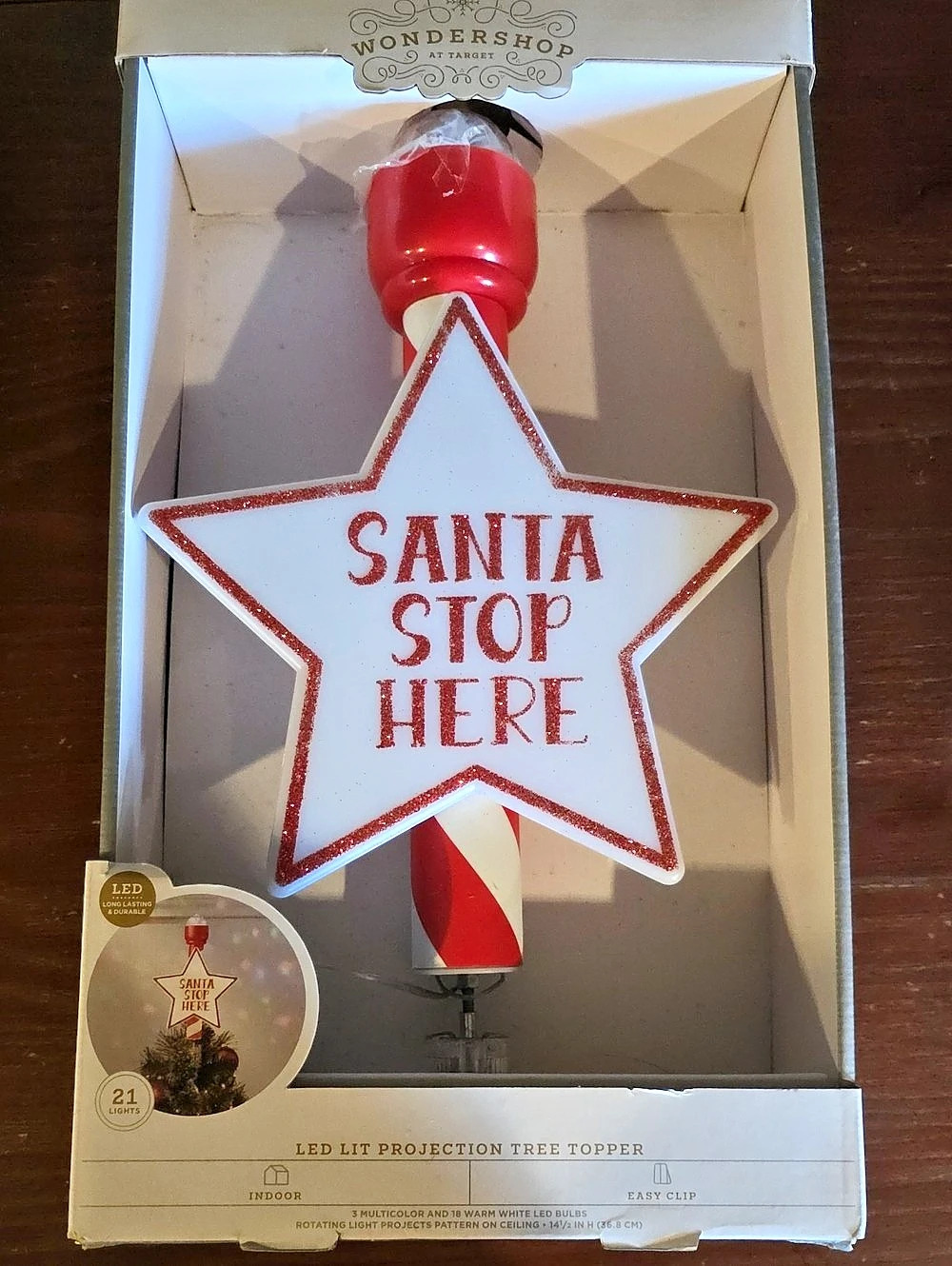 WonderShop LED Lit Projection Tree Topper Santa Stop Here Tree Topper